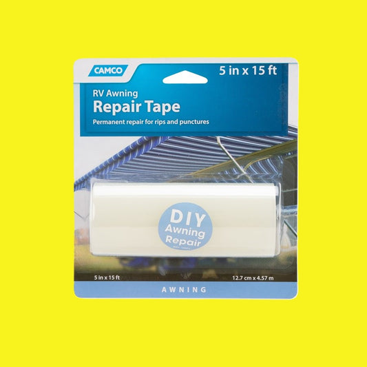 Camco RV Awning Repair Tape in its original retail blister packaging, shown against a solid bright yellow background.