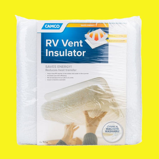 A white RV vent insulator shown in blue and clear packaging.