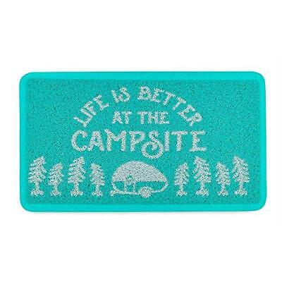 A teal door mat with a white 'Life is Better at the Campsite' text and a retro RV trailer and tree line design.
