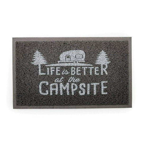 Gray and white scrub rug with text, "Life is better at the campsite".