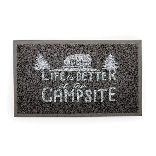 Gray and white scrub rug with text, "Life is better at the campsite".