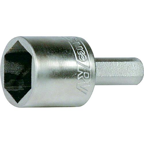 A metal drill adapter with a hexagonal socket and a straight shank, branded with the name 'Camco'.