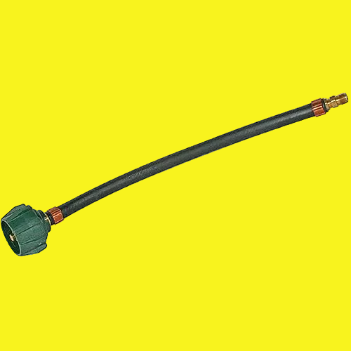 A black propane pigtail hose with a green threaded end and a brass fitting on the other.