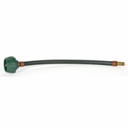 A black propane pigtail with a green Type 1 ACME nut on one end and a 1/4 inch inverted male flare on the other.
