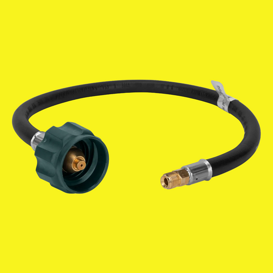 A black propane hose with a green threaded end and a brass fitting on the other.