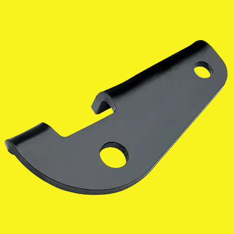 A black metal sway control adapter bracket on a yellow background.
