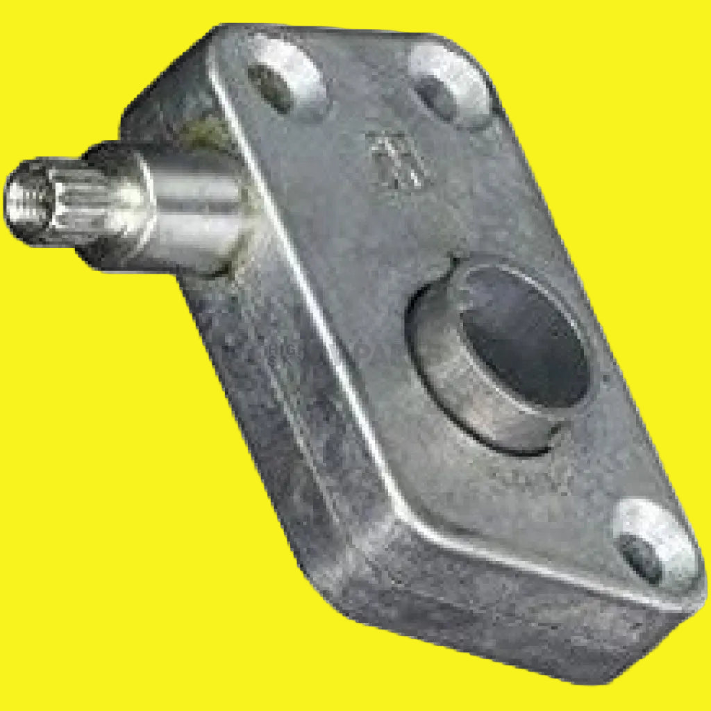 A galvanized steel mechanical bracket with a threaded metal shaft and four mounting holes, shown on a plain yellow background.