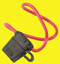An orange and black in-line heavy duty fuse holder with a looped orange wire and a black plastic fuse holder.