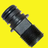 Black threaded plastic fitting on a yellow background