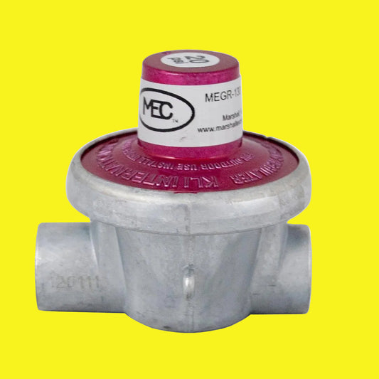 Propane regulator with a red and silver design on a yellow background
