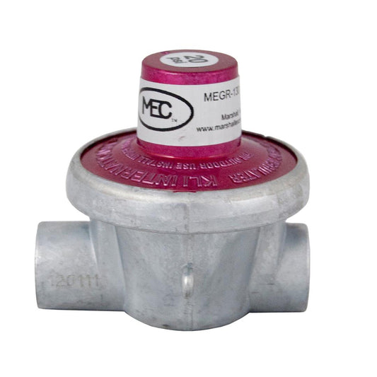 Propane regulator with a red and silver design on a white background