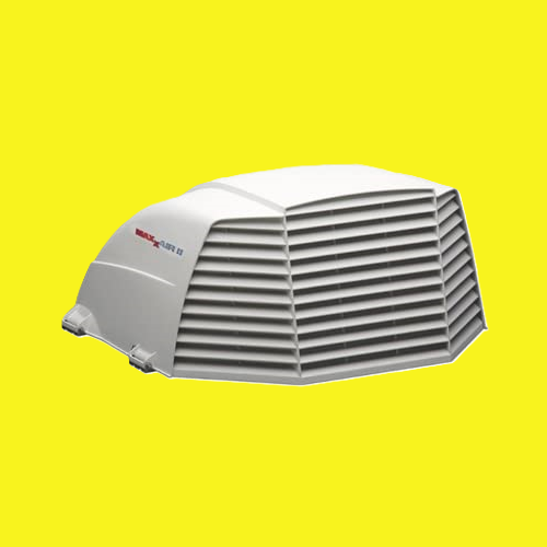 A white plastic roof vent with horizontal louvers and a domed top, shown against a solid yellow background. 