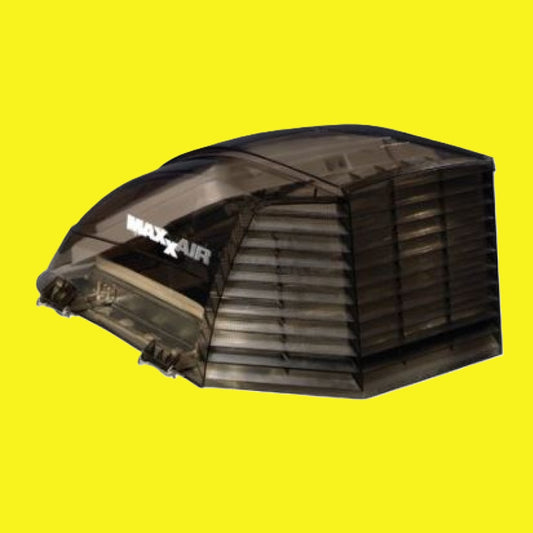 A smoke colored MaxxAir vent cover on a yellow background.