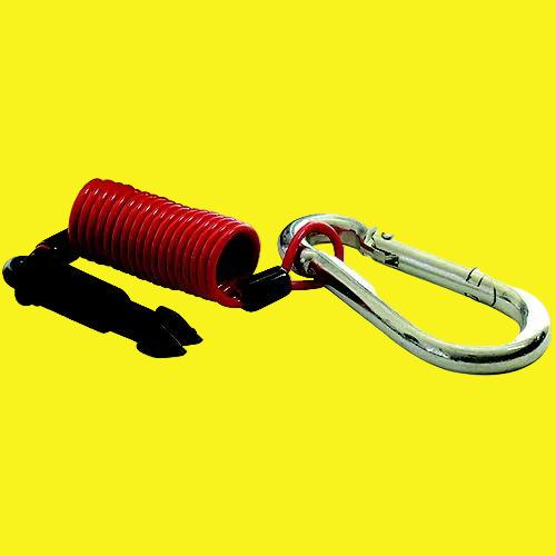 A red coiled safety tether with a black anchor plug and a silver metal carabiner clip, shown on a plain yellow background.