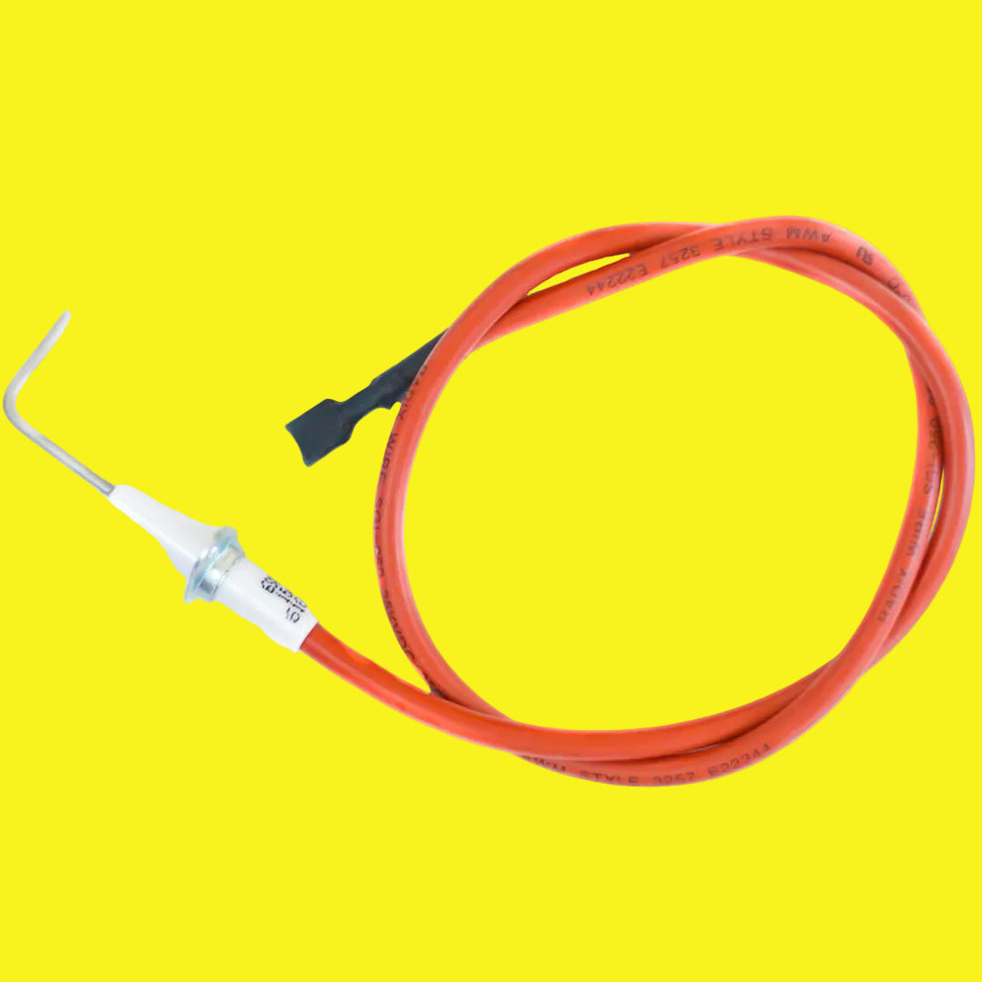 White and silver igniter with red wiring on yellow background
