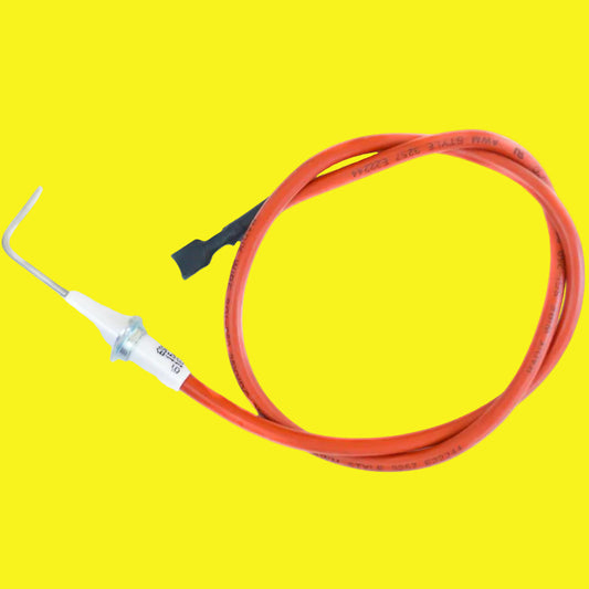 White and silver igniter with red wiring on yellow background