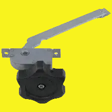 A metal roof vent lid crank with a black handle on a yellow background.