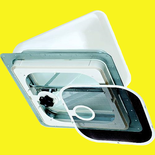 A white roof vent kit including metal frame, screen, vent lid and hardware.
