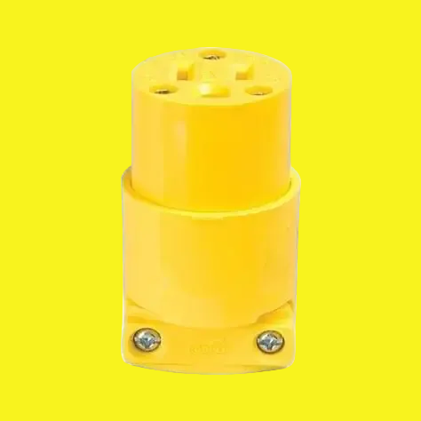 A bright yellow electrical connector plug with a cylindrical top and a square base secured by two screws, shown on a plain yellow background.