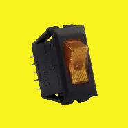 Black rocker switch with orange indicator light on a yellow background
