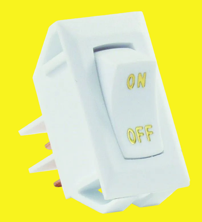 A white on/off rocker switch with the ON and OFF labels visible, having a 1.125" x 0.550" cut-out.