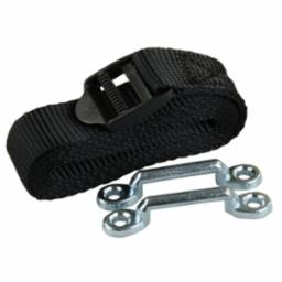 A black battery strap with a plastic snap buckle and metal mounting hardware.