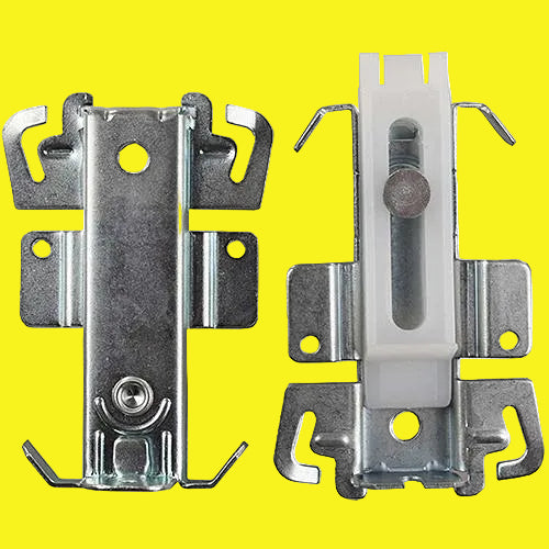 Two metal latch hardware pieces shown on a plain yellow background, one in galvanized silver and one with a white plastic insert.
