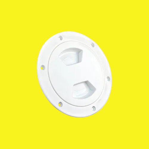 A white, 4-inch diameter access/deck plate intended for providing cord and fresh water access to RV compartments.