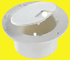 A white power cord cable hatch with a hinged lid on a yellow background.