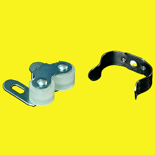 A roller catch for a cabinet with rollers on one piece and the catch on the other piece.