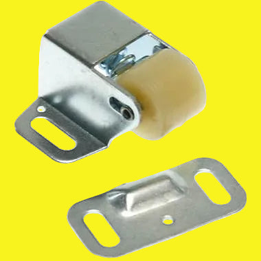 A metal roller bracket assembly with a silver galvanized steel mounting bracket and a beige plastic roller, shown alongside a separate matching metal bracket piece on a yellow background.