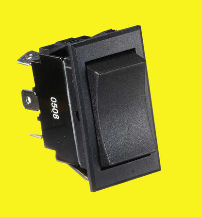 A black on/off/on rocker switch with a 6-terminal connection, designed for use in slide outs, power sofas and generators.