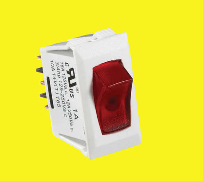 A white multi-purpose switch with a red illuminated light, labeled 'RV Designer 10 A' with a cutout size of 0.550" x 1.125".