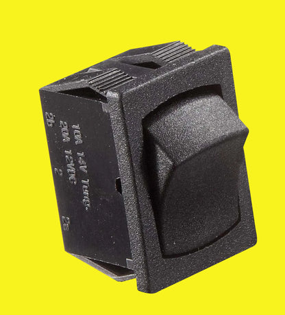 A black mini on/off rocker switch with a 0.508" x 0.756" cut-out, designed for lighting or water appliances.