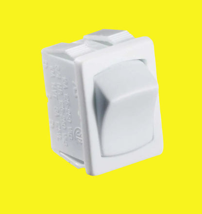 A white mini on/off rocker switch with a square cut-out
