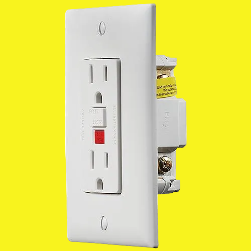 A white electrical outlet cover plate with a single outlet and a red switch, shown against a plain yellow background.