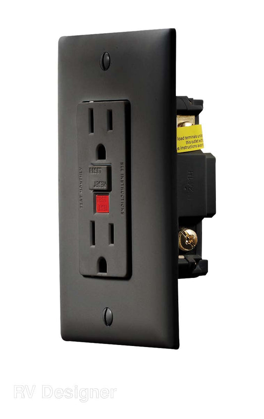 Black GFCI wall electrical outlet