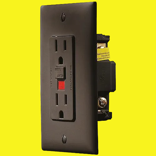 A black electrical double outlet  and a red reset button, shown against a plain yellow background.