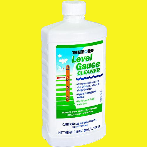 A white plastic bottle of Thetford Level Gauge Cleaner with a green and blue label, set against a solid bright yellow background.
