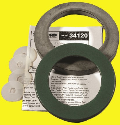Two toilet seals, one green and one gray and four clear washers