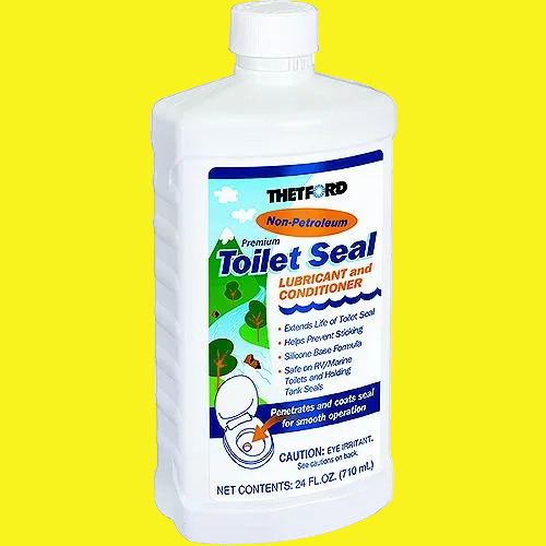 A 24 fl oz white plastic bottle of Thetford Non-Petroleum Premium Toilet Seal Lubricant and Conditioner, featuring a blue and white label with product details.