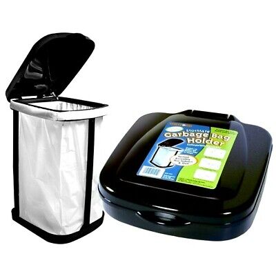 A black trash bag holder with a picture of it assembled and a trash bag in it.