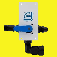 A white plastic wall-mounted water filter or faucet adapter with black threaded connectors on both sides and a blue T-handle valve on the front, shown against a plain yellow background.