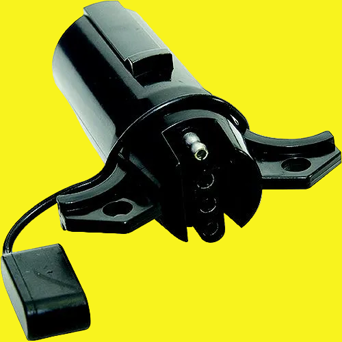 A black plastic automotive window regulator motor and switch assembly with a short wire lead and a small black connector block, shown on a plain yellow background.