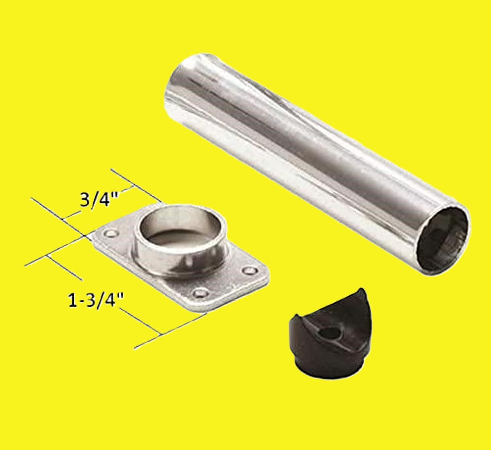 A stainless steel pipe stand off assembly on a bright yellow background, including a 3/4-inch by 1 3/4-inch flange, and a black rubber end cap. 