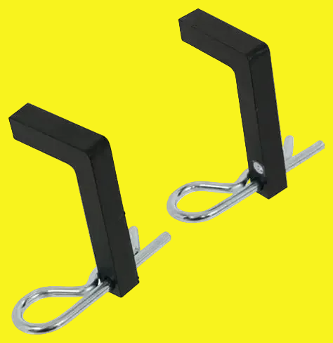 Two black metal mounting brackets with silver steel loops, shown on a plain yellow background.