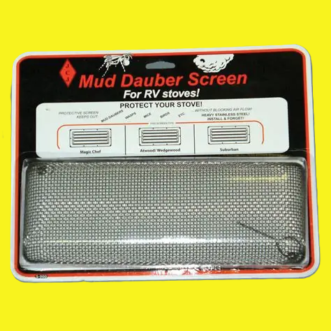 A metal rectangular mud dauber screen for RV stoves.