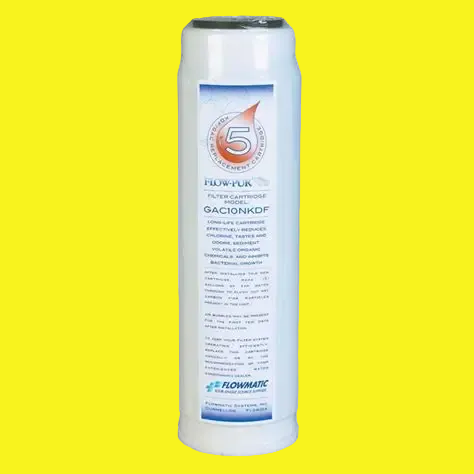A tall white cylindrical replacement filter cartridge with a black top cap and a white label featuring blue and orange graphics. The label reads Flow-Funk GacionKDF 5 Element Reverse Osmosis Filter Cartridge.