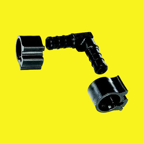 A black tee coupler with two clamps