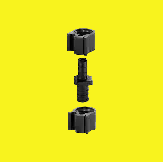 Three black plastic connector pieces arranged vertically on a plain yellow background.